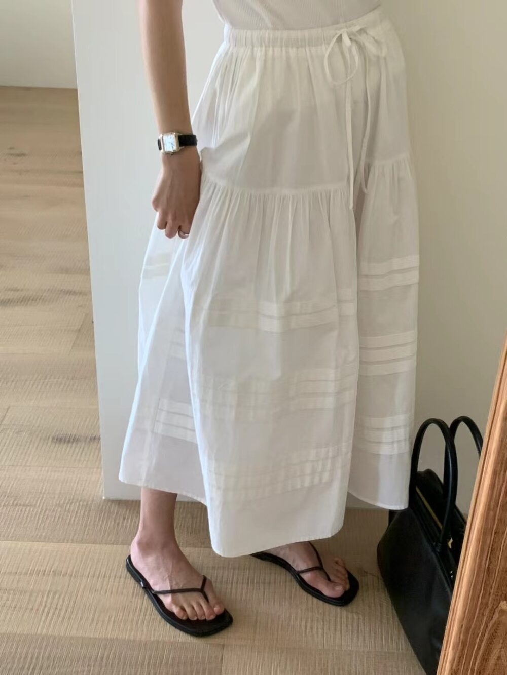 純棉鬆緊腰綁帶層次澎裙