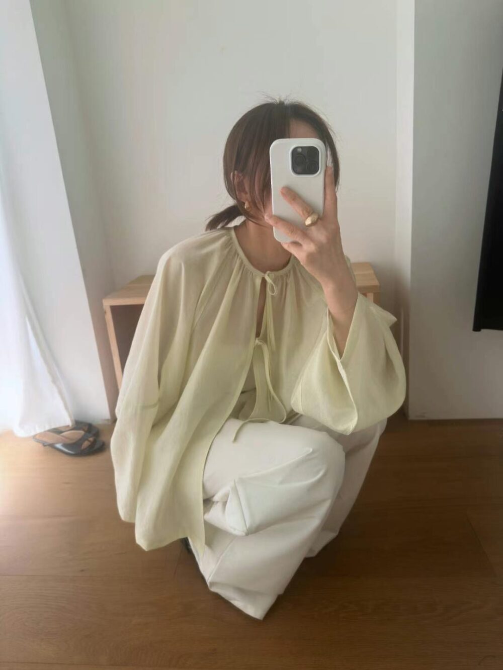 微日系天絲綁帶澎袖罩衫