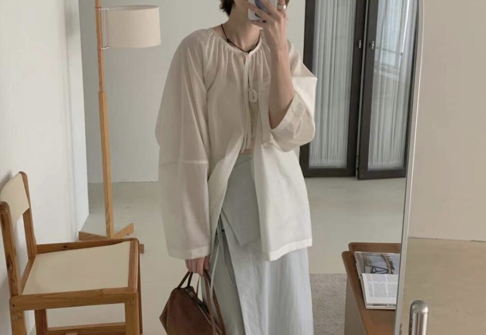 微日系天絲綁帶澎袖罩衫