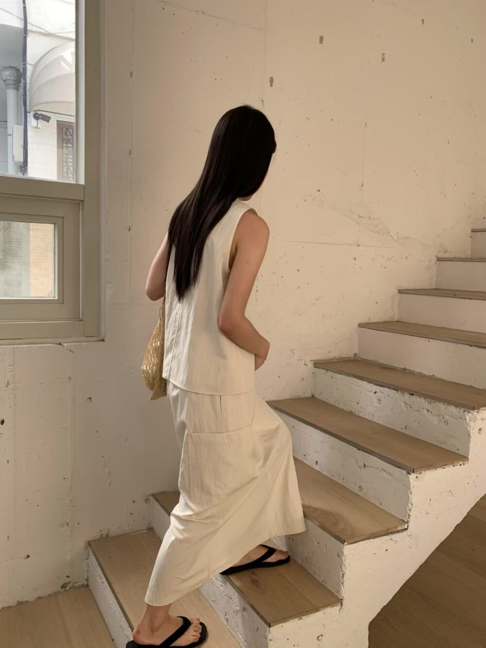 揉皺無袖背心/揉皺鬆緊綁帶口袋裙